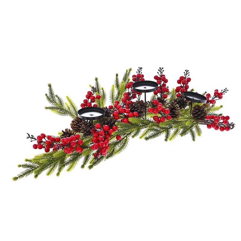Χριστουγεννιάτικο Διακοσμητικό Μεταλλικό Κηροπήγιο 3 Θέσεων με Κόκκιν Berries 65 εκ.