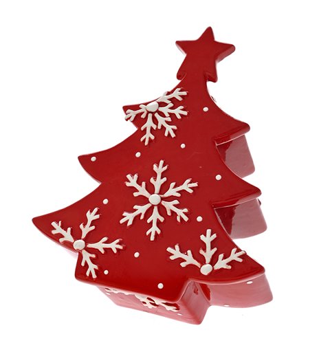 Χριστουγεννιάτικη Μπισκοτιέρα Polyresin Κόκκινο Δέντρο με Λευκές Νιφάδες 21x18x8 εκ. 