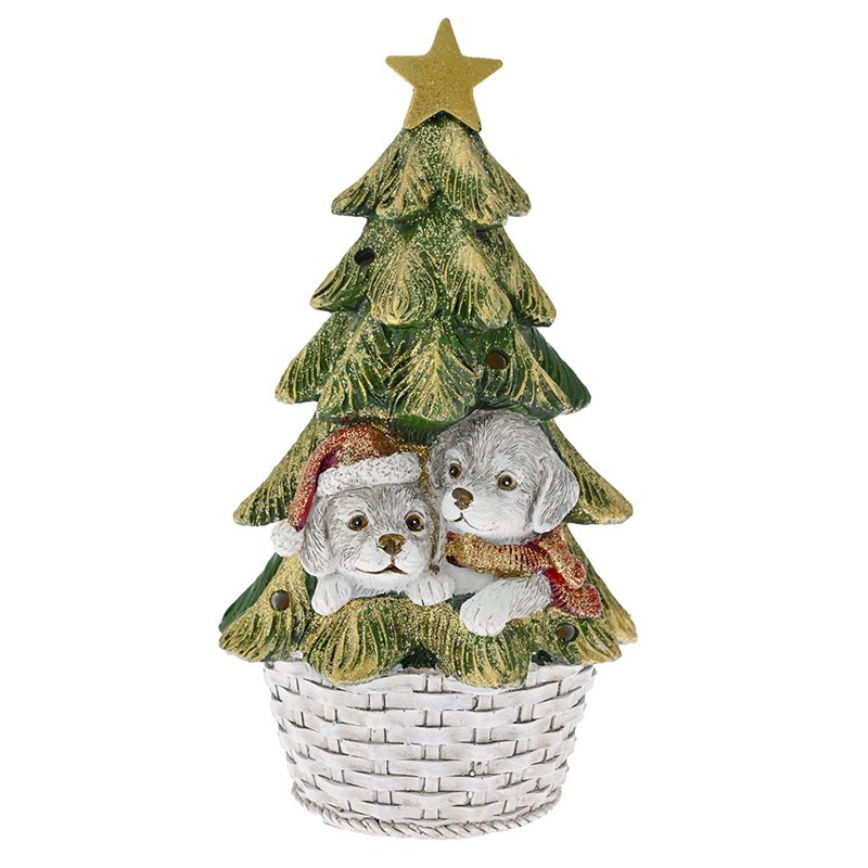 Χριστουγεννιάτικο Διακοσμητικό Polyresin Δέντρο με Σκυλάκια Φωτιζόμενο Φ10,5x19 5 εκ. 