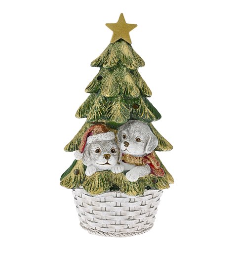 Χριστουγεννιάτικο Διακοσμητικό Polyresin Δέντρο με Σκυλάκια Φωτιζόμενο Φ10,5x19 5 εκ. 